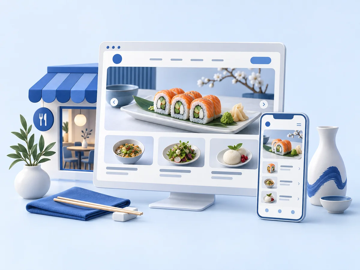 Concept illustration of a restaurant website on desktop and mobile